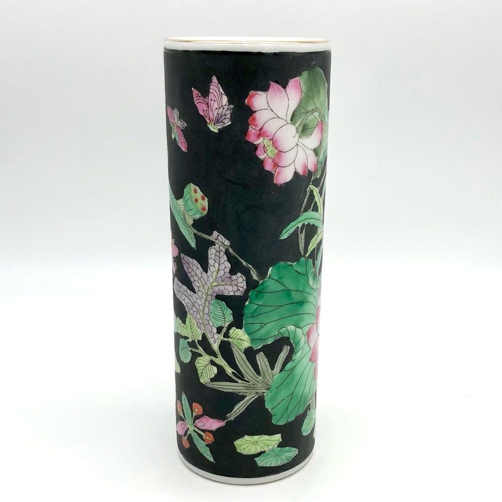 Chinese Porcelain Vase Hat Stand Famille Noire Floral Bird Lotus Qianlong Mark - Picture 6 of 13